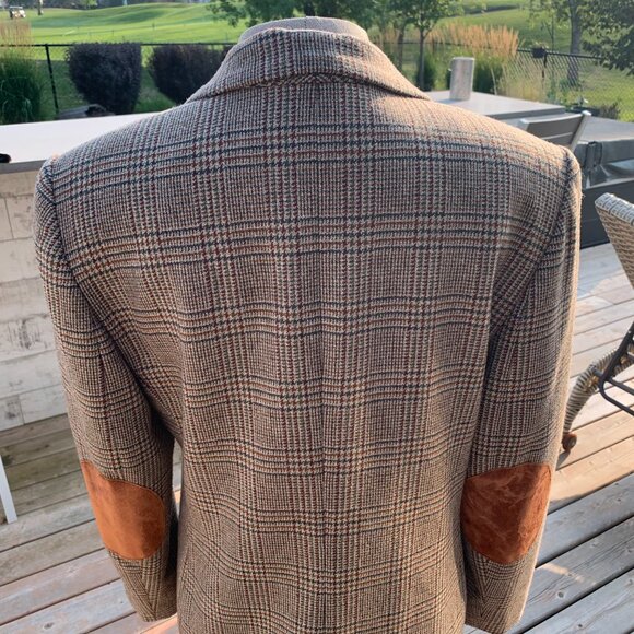 Vintage 70s Tweed Plaid Faux Suede Elbow Patch 3 Button Blazer Jacket - Picture 7 of 16